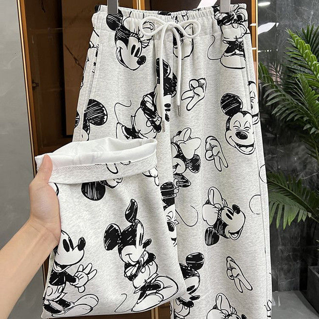 빅 사이즈 와이드 팬츠 미키 프린트 허리밴딩 캐주얼 배기 바지 여성용 swygsqql