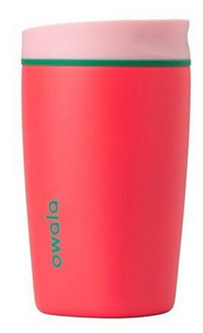 Owala SmoothSip 슬라이더 단열 스테인리스 스틸 커피 텀블러 재사용 가능한 아이스 컵 핫 여행용 머그 BPA 프리 355ml(12온스) 핑크/탠(데이브레이크), 손잡이 없음, 딸기 밭_154984
