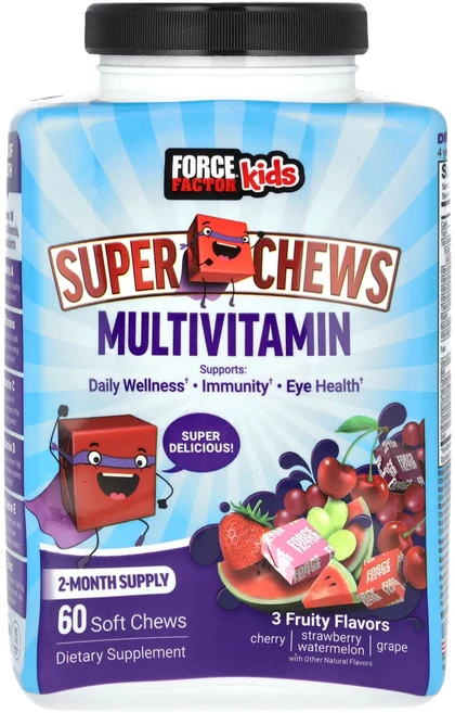 Force Factor 어린이용 슈퍼 츄 종합비타민 체리 딸기 수박 포도 소프트 츄 60개, Force Factor 어린이용 슈퍼 ..., 1개, 60정 - 쿠팡