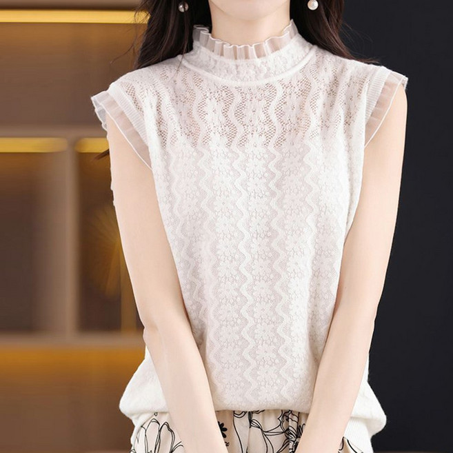 besteffie 여성용 봄 여름 레이스 민소매 블라우스 레이스 플라워 펀칭 블라우스 세련된 디자인 K95