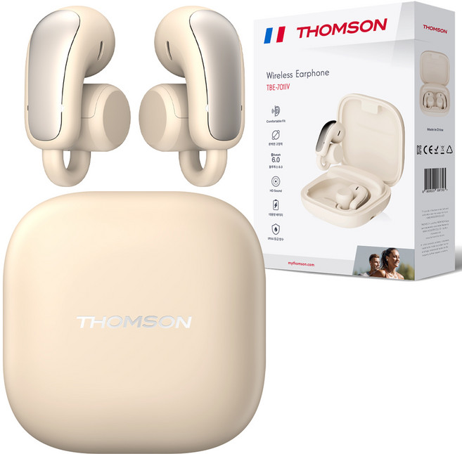 프랑스 톰슨 블루투스 6.0 ENC 노이즈 캔슬링 생활 방수 오픈형 귀걸이 무선 블루투스 이어폰, 아이보리, TBE-701IV