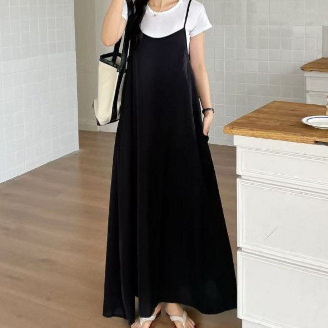 CHILL 韓系細肩帶吊帶長洋裝 雪紡寬鬆版型 附口袋 碎花與素色款 女生長裙