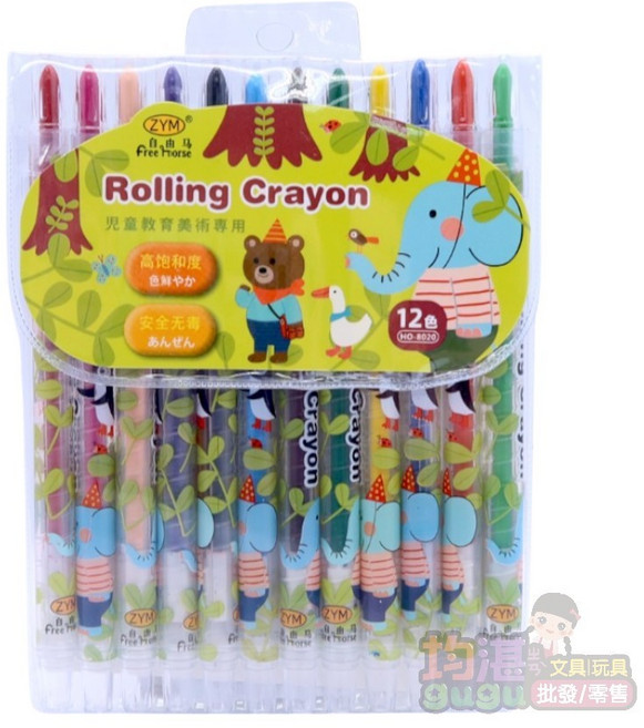 ZYM Free Horse 旋轉蠟筆 動物家族 兒童繪畫著色美術用品 12色/24色, 1個, 長桿17CM,12色, 12