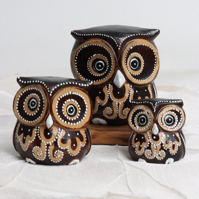 발리 세가족 목각 부엉이(3p_커피) 장식소품 풍수인테리어소품 나무인형
