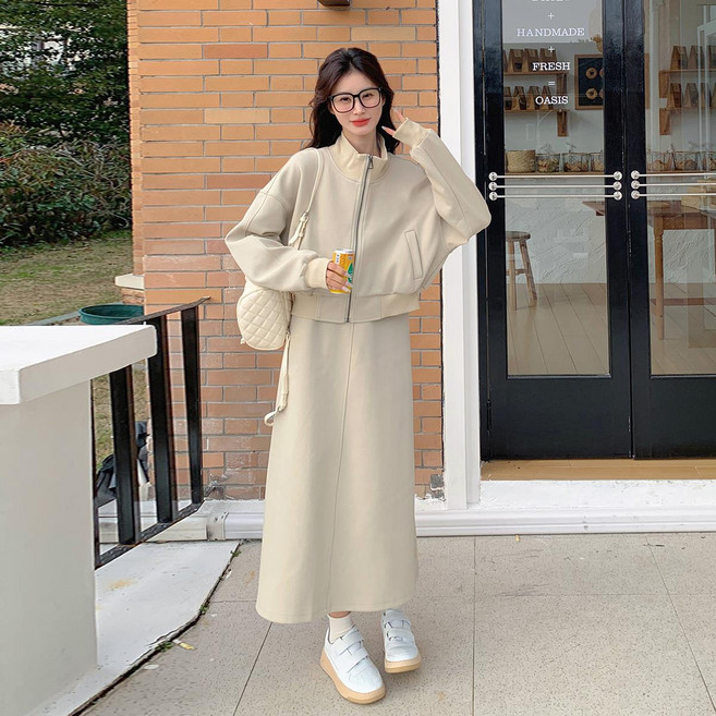 에쥬아 여성 빈소매 롱원피스 세트 숏재킷+원피스 데일리 셋업 빅사이즈 투피스 원피스