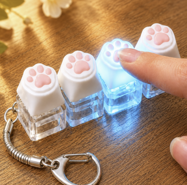 바른스몰상점 LED 귀여운 고양이 키캡키링 딸깍이 4구, 화이트, 1개