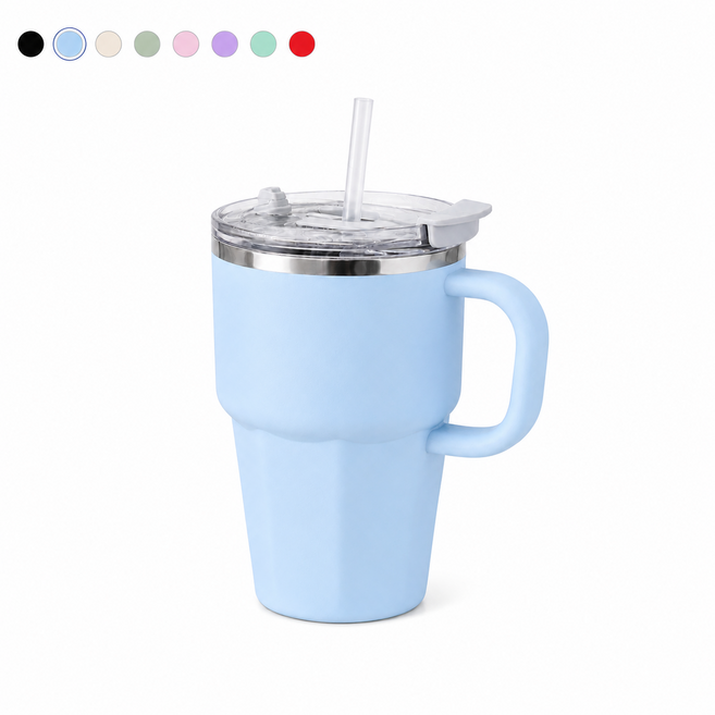 스테인리스 손잡이 빨대 텀블러 600ml 대용량 휴대용 캠핑 컵, 1개, 블루