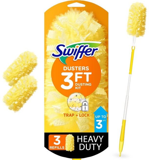 Swiffer Duster Heavy Duty 3 ft 확장형 핸들 스타터 키트 리필 3개