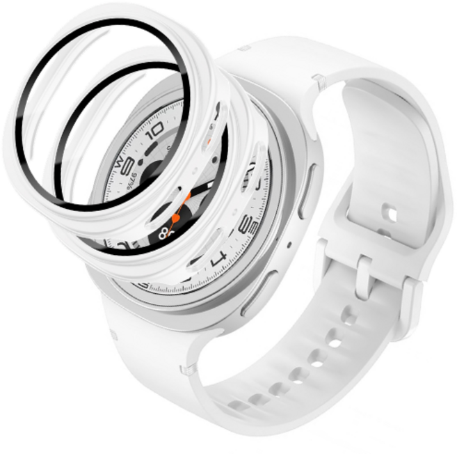 갤럭시워치 호환 8 7 6 5 4 프로 클래식 스포츠 실리콘 스트랩 보호 PC강화유리 풀커버 케이스 2개입, 화이트/화이트