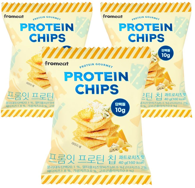 [다이어터 간식] 프롬잇 프로틴칩 콰트로치즈 고단백 과자, 3개, 40g - 쿠팡