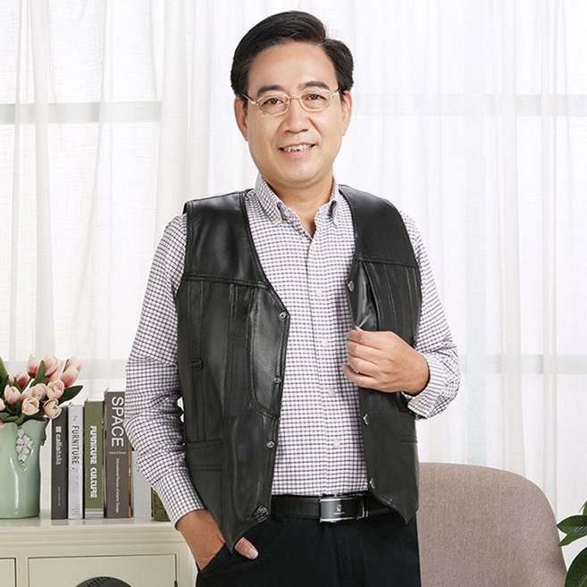 해피유통 남성 브이넥 퍼 일체형 베스트 비즈니스 레더 겨울 캐주얼 멀티 포켓 조끼 jhwj