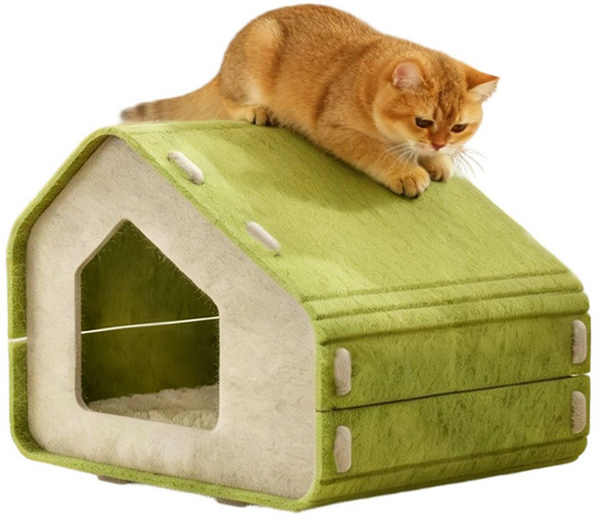 유미코 휴대용 다기능 고양이 펠트 하우스 숨숨집 스크래쳐 집, 1개, 그린