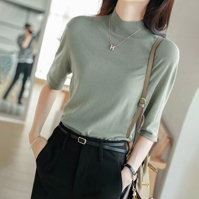 POMTOR 여성 반폴라 7부소매 니트 티셔츠 이너 슬림핏 캐주얼 상의