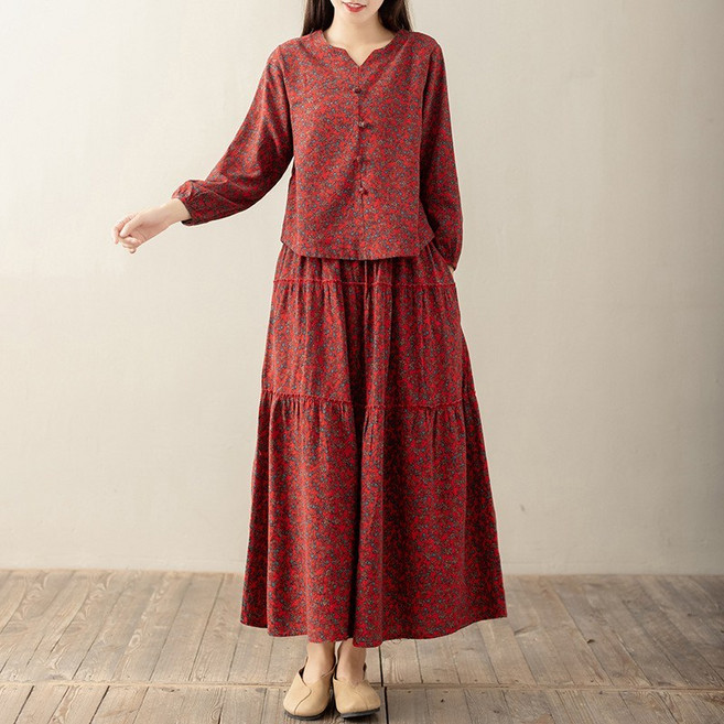 에스닉 빈티지 면 마 텍스처 봄 여름 투피스 소매 플라워 스커트 다양한 계절 패턴 스커트 상의 빈티지 느낌 개량 한복 소재 통기성