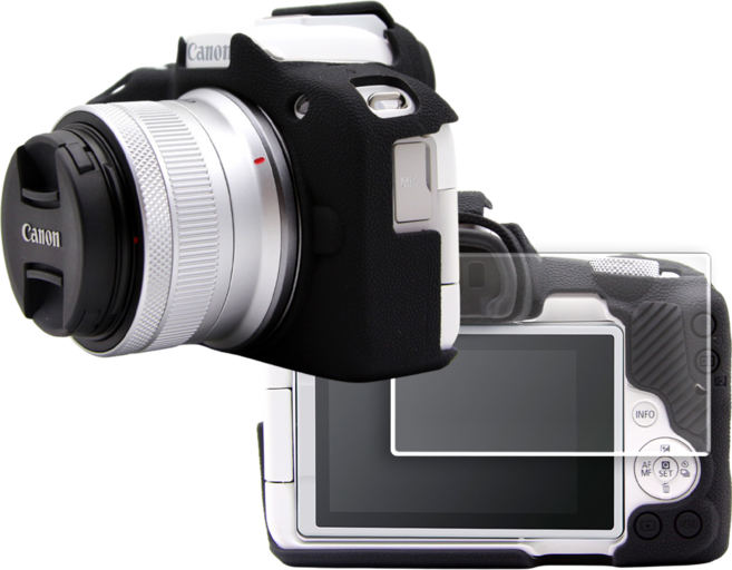 CANON EOS R50 카메라 하우징 범퍼 케이스 + 액정 방탄유리 필름, 블랙