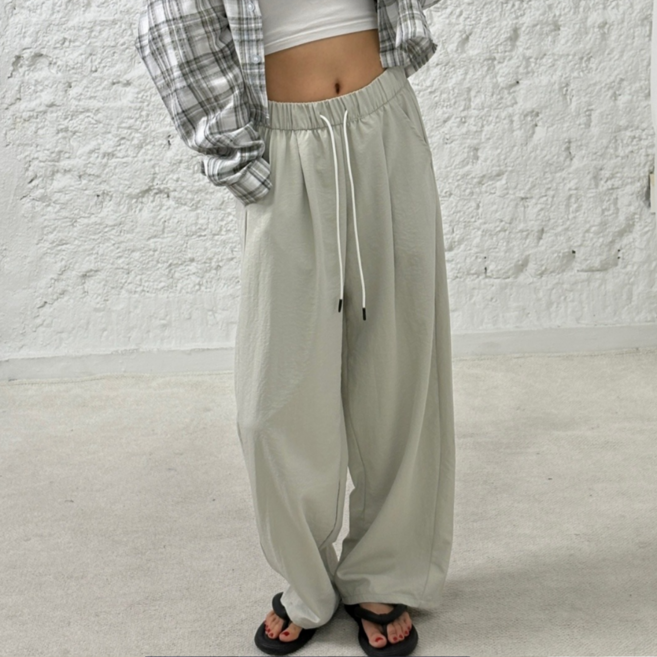 바이일이오 여성 무지 배색 핀턱 파스텔 바스락 밴딩 여름 와이드 팬츠