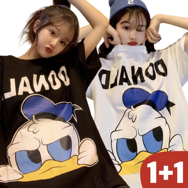 150kg까지 빅사이즈 1+1 여성 캐릭터 영문티 귀여운 티셔츠 반팔 여름 편한 루즈핏 날씬해보이는 프린트 라운드넥 빈티지 이쁜 패션 데일리 미디티 기본티 플레어티 티