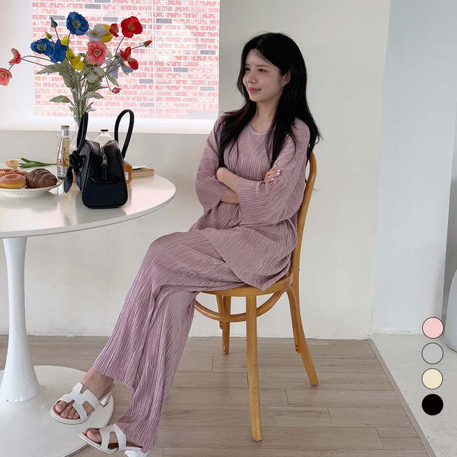 디테일웨어 여성 제이 주름 플리츠 세트 브이넥 밴딩팬츠 투피스 셋업 임부복 편한 오버핏 트레이닝복 시원한 여름 상하의 세트