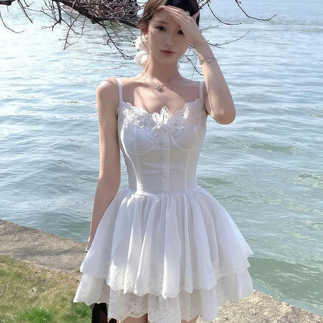 白月光初戀連衣裙 花朵 白色 吊帶裙 女 夏季 設計感 純欲 收腰 蛋糕短裙, 白色立體花吊帶裙【超仙女】,2XL 【建議62.5-70.0公斤穿】, 白色, 立體花吊帶裙