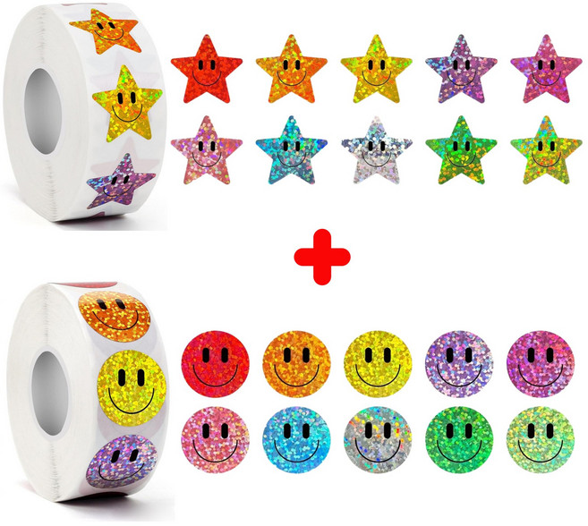 10색상 반짝이 스마일 원형 별 방수 스티커, 1개, 혼합(S297) 2롤 1000매