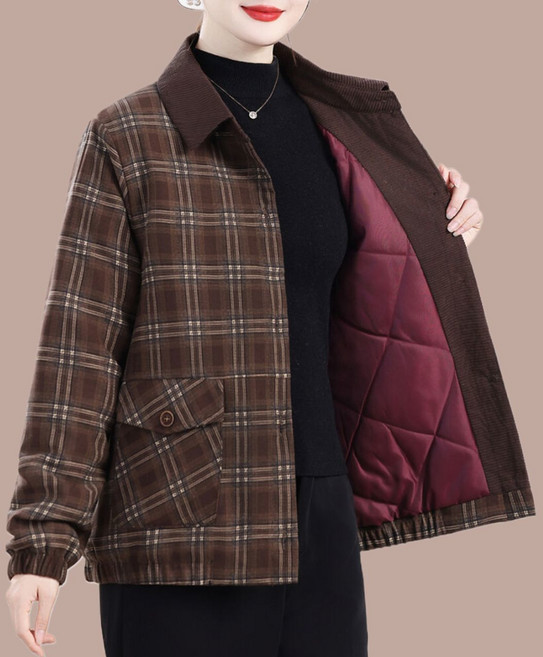중년 여성 체크 패턴 패딩 자켓 안감 누빔 따뜻한 루즈핏 겨울 외출 아우터