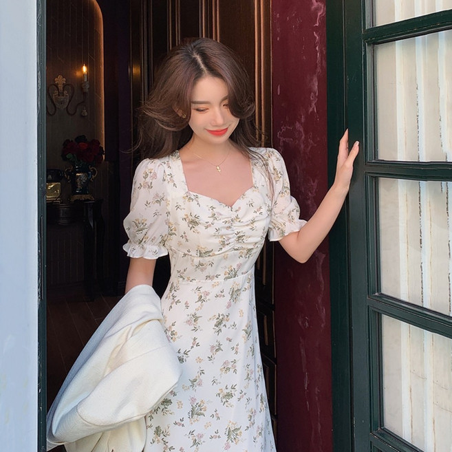 예쁜 나시 원피스 여성 여름 롱 치마 순수 이쁨주의 키작녀 꽃무늬 드레스 퍼프소매 A라인