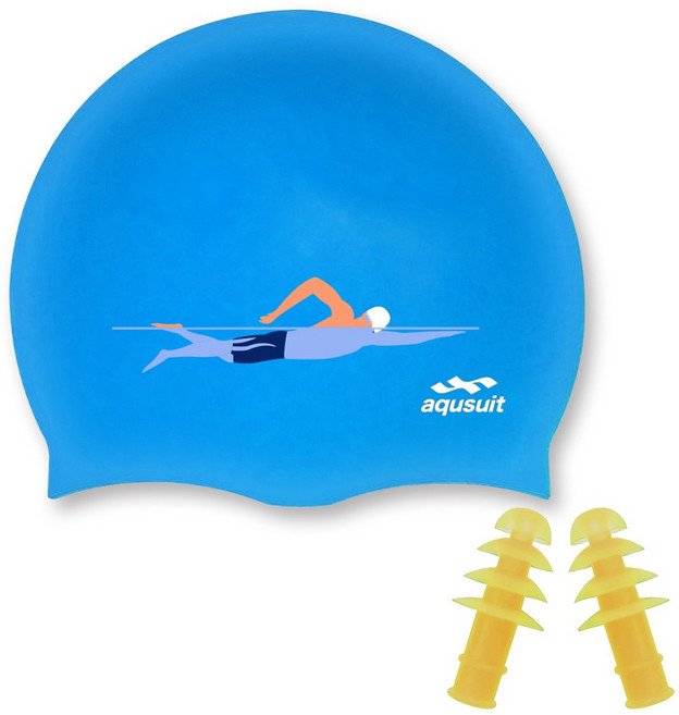 국내생산 아퀴스트 실리콘 스위밍맨 수영모자&귀마개 세트 실내수영장 생존수영용품, (단종)블루(귀마개랜덤), 1개
