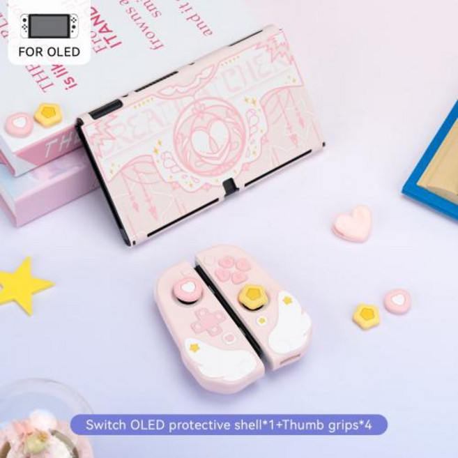 Geekshare 스타 윙 시리즈 핑크 보호 케이스 닌텐도 스위치용 대형 마우스 패드 OLED 조이콘 선물, 1개, 2) Case and thumb grips