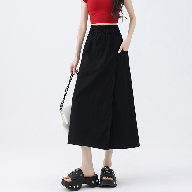 SAHINER 여성 여름 A라인 하이웨스트 트임 카고스커트 와이드 미디엄기장 치마바지 LWBKZ07