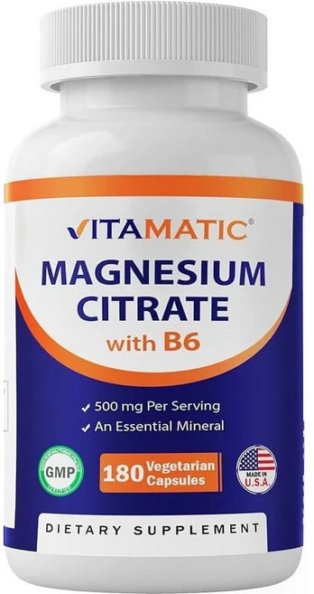 미국 비타메틱 Vitamatic Magnesium Citrate 마그네슘 시트레이트 500mg with 비타민B6 캡슐, 6개, 180정 - 쿠팡