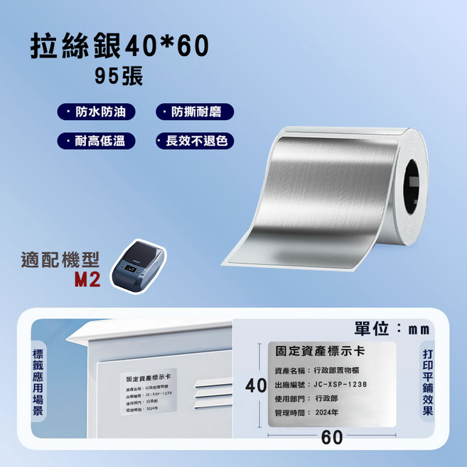 NIIMBOT 精臣 M2 標籤紙 熱轉印貼紙, (M2)BS40*60-95 拉絲銀, 拉絲銀