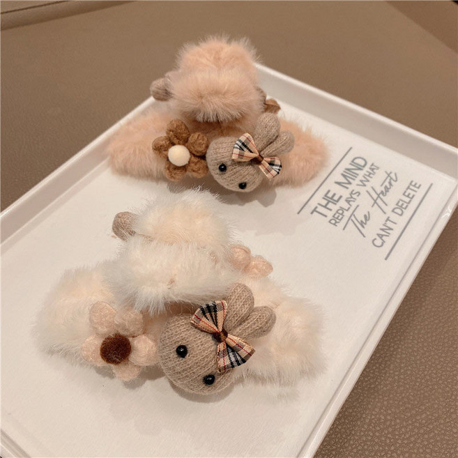 [2개 1SET] 워더미 큐티 토끼 플라워 포인트 페이크퍼 꼬임 집게핀 F416