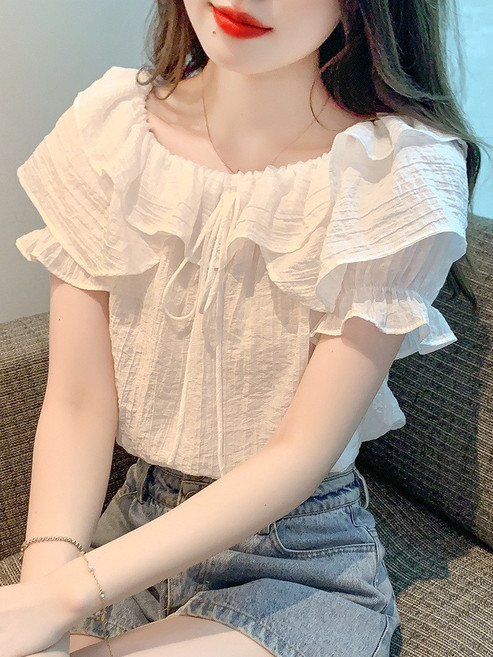 여름 분위기의 여성용 프릴 블라우스 스트링 셔츠 퍼프 소매 쉬폰 블라우스