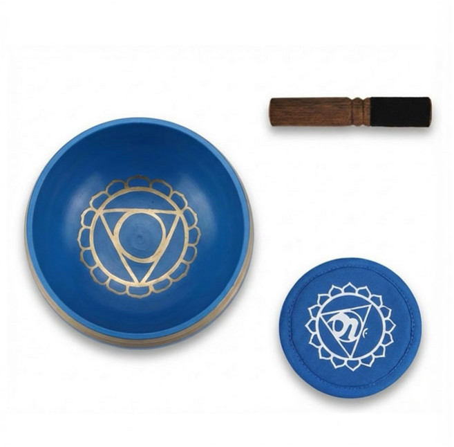 冥想頌缽套裝 含木槌及墊, 藍-喉輪, 1個