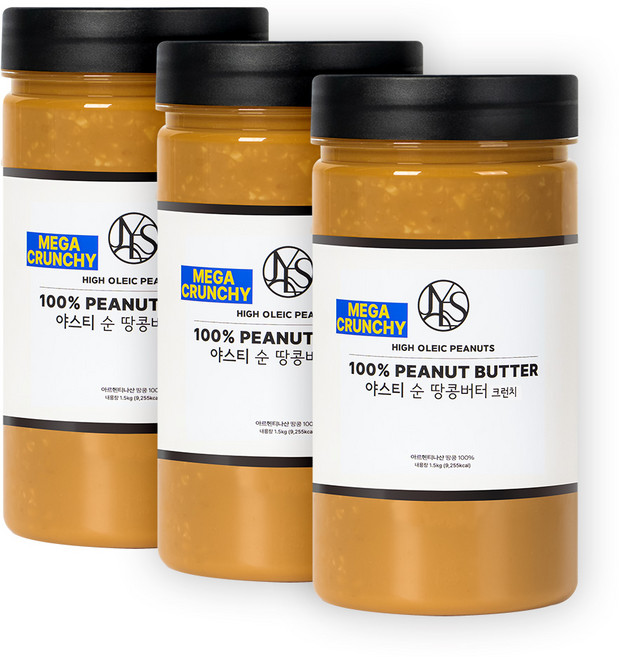 야스티 순 땅콩버터 크런치 100% 무첨가, 3개, 1.5kg