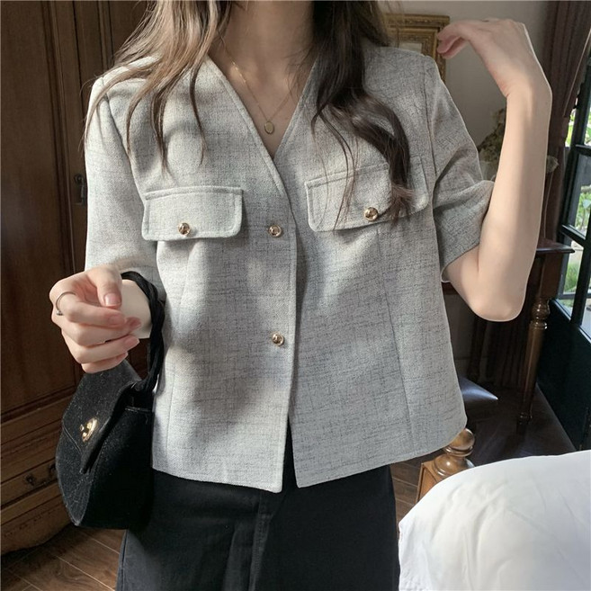 여성 여름 반팔 트위드 자켓 박시이즈 브이넥 트위드 크롭 자켓 데일리룩 루즈핏 싱글 반팔 자켓 LCC