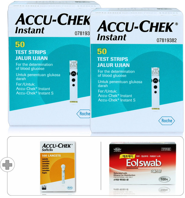 로슈 아큐첵 인스턴트 혈당시험지 50매 X 2박스 [총 100매]+소프트클릭스 채혈침 100개+솜 100매, 1개, 1세트