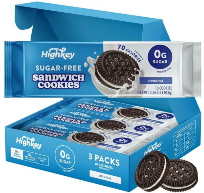 HIGHKEY 버터 쿠키 하이키 무설탕 샌드위치 저칼로리 케토 친화 간식 및 글루텐 프리 30개입, 3팩