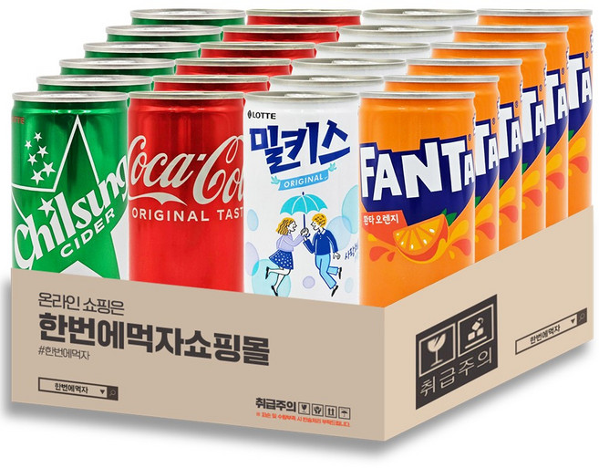 [한번에먹자] 미니캔모음 세트 / 환타오렌지 + 코카콜라 + 칠성사이다 + 밀키스 / 각6캔씩, 24개, 190ml