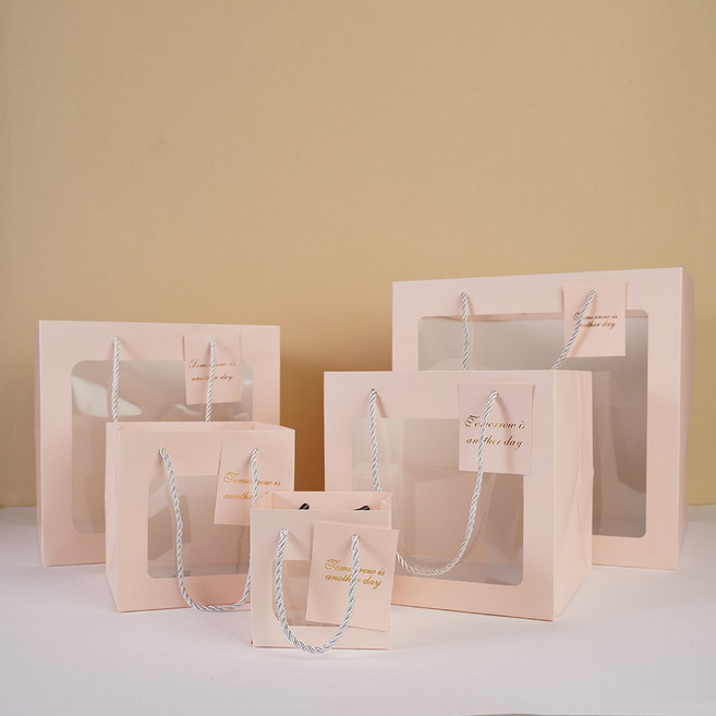 투명창 정사각 고급 미니 선물 쇼핑백 선물용 종이가방 종이백, 정사각(고급형), 핑크