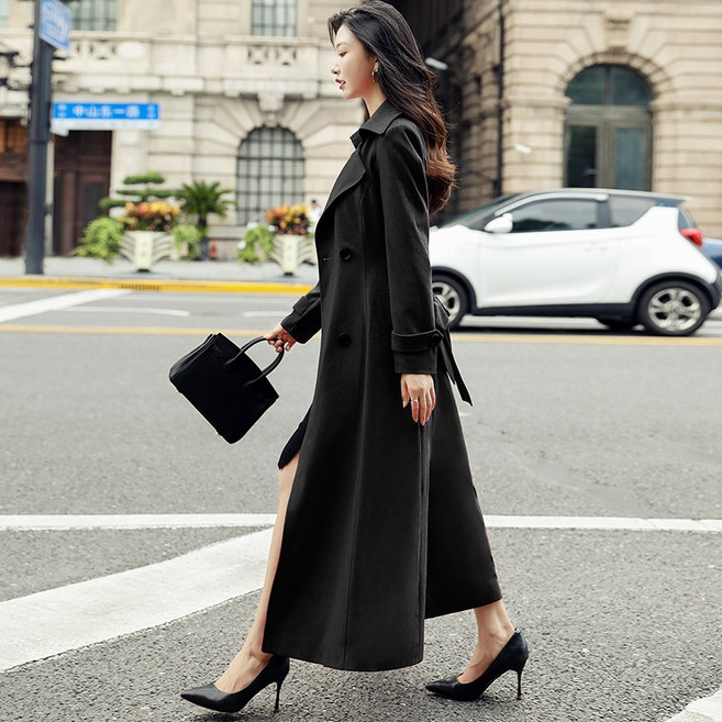 맥시 롱 코트 봄 가 신작 블랙 트렌치 여성 긴 스타일 무릎 위 발목까지