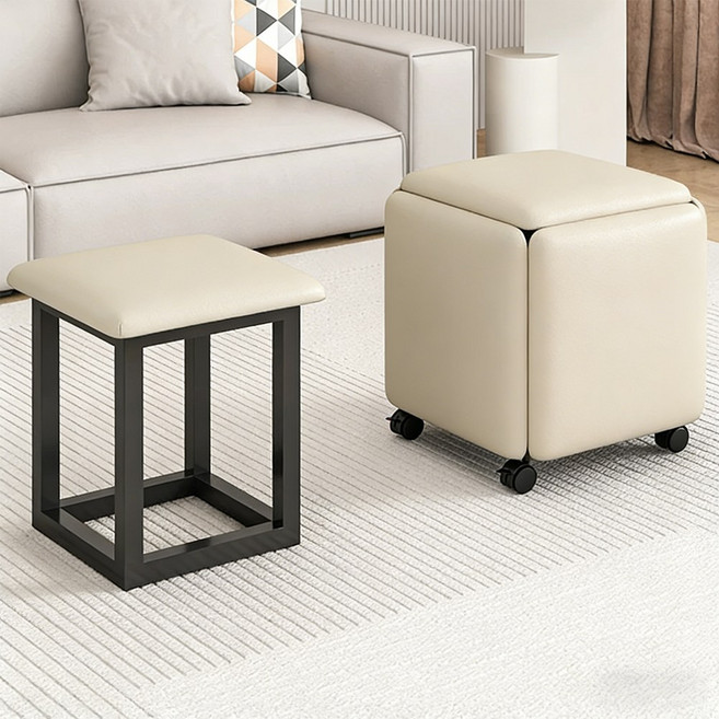 5in1 스툴 세트 수납 기능성 패브릭 현관 벤치 방수 큐브 스툴 보조 낮은 거실 사각형 의자, 5개, 아이보리