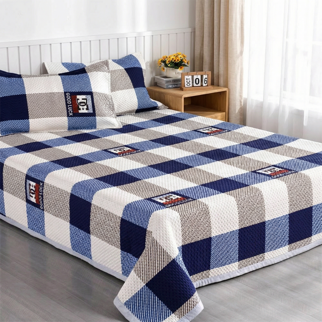 씽윤 사계절 양면 침대커버 항균 방진 소프트 침대 패드 시트, 블루체크