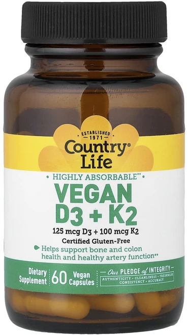 Country Life 비건 D3 + K2 베지 캡슐 60정, CountryLife비건D3K2베지캡슐60정 - 쿠팡