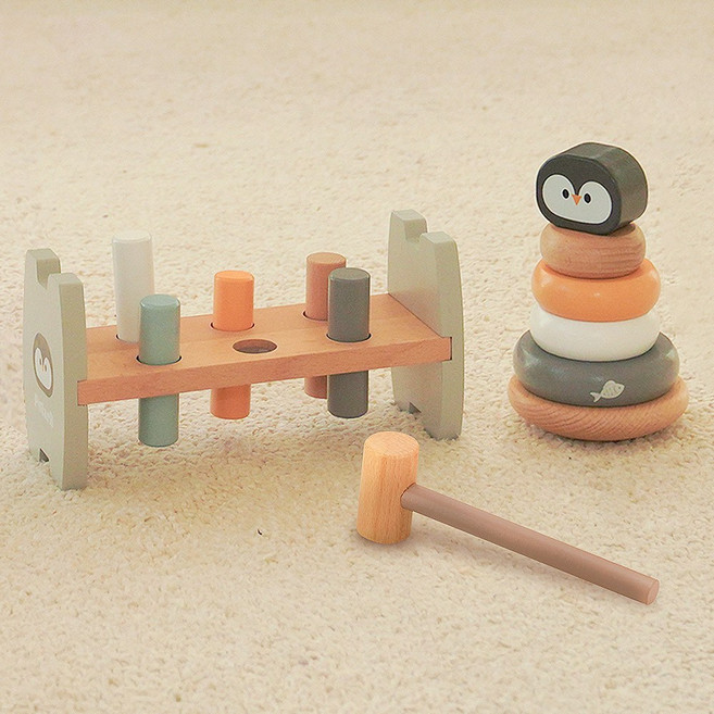 폴라비 아기 링쌓기 망치놀이 세트 원목 장난감 12개월 13개월 선물, 펭귄, 1개