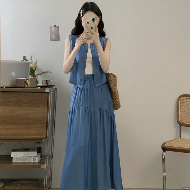 여성 캐주얼룩 상하의 세트 여름 패션 루즈핏 민소매 베스트 상의 하이웨스트 스커트 투피스 YMY