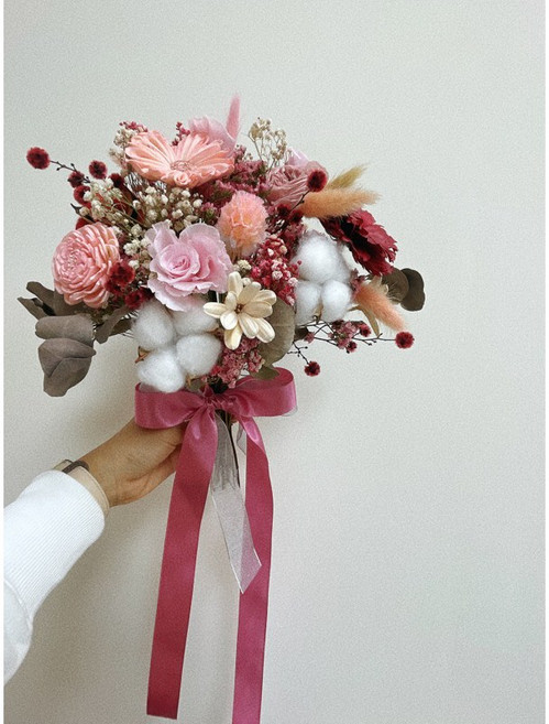 新娘永生花捧花, 高雅粉色系,大型24-34cm