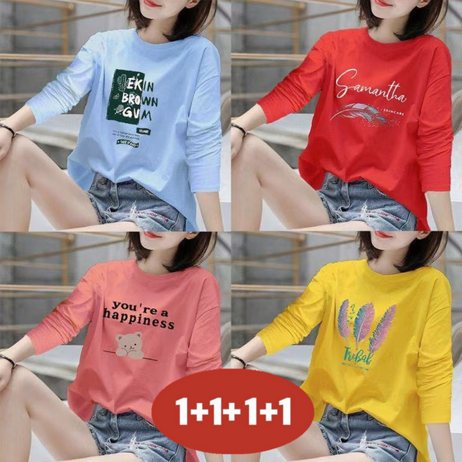 오스틱니 (완전 편한) 100kg까지 1+1+1+1 여성 프린트 라운드넥 긴팔 티셔츠 봄가을 추천 빅사이즈 캐릭터 프린팅 홈웨어 학생복 중년 큰옷 여성의류 여자 긴팔 티 4종 세트