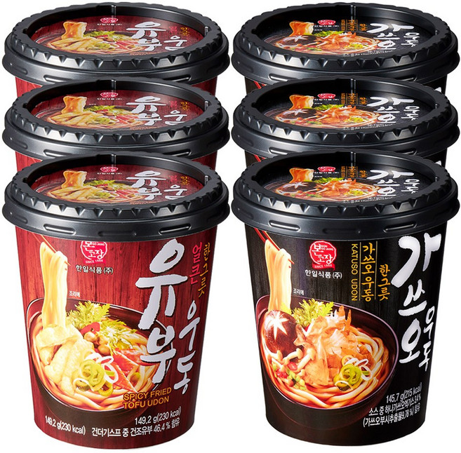 한일식품 본고장 컵우동 6P (가쓰오우동한그릇3 + 얼큰유부우동한그릇3), 1세트, 884.7g
