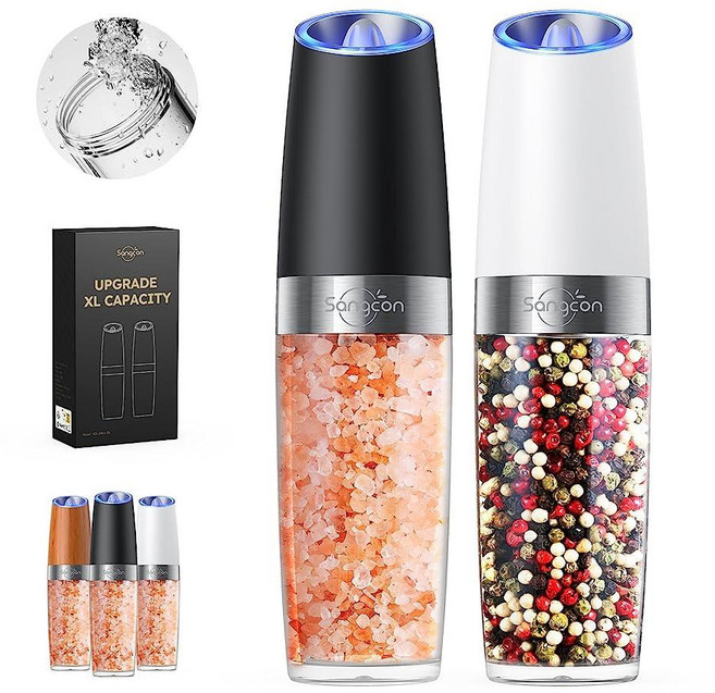 SangcON 온 중력 전기 후추 및 소금 그라인더 밀 자동 쉐이커 그라인더 LED 조명 포함 배터리 전원 조절 가능한 굵기 한 손 작동 업그레이드된 대용량 1개 231, 배터리 전원 세트/블랙 + 화이트 XL